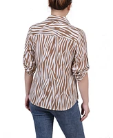 Ny Collection Women's 3/4 Roll Tab Sleeve Zip Front Top