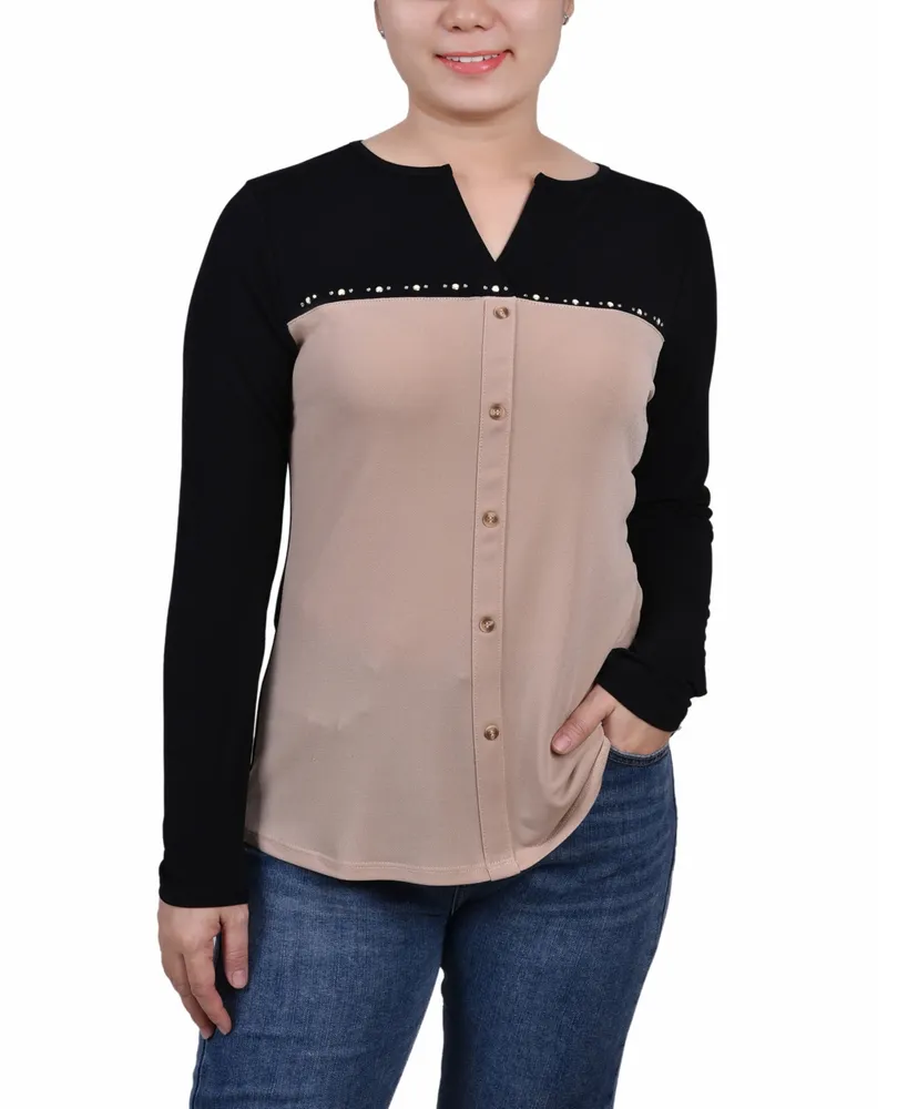 Women's Studded Color Blocked Split Neck Top