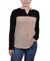 Women's Studded Color Blocked Split Neck Top