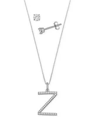 Giani Bernini 2-Pc. Set Cubic Zirconia Initial Pendant Necklace & Solitaire Stud Earrings in Sterling Silver, Created for Macy's