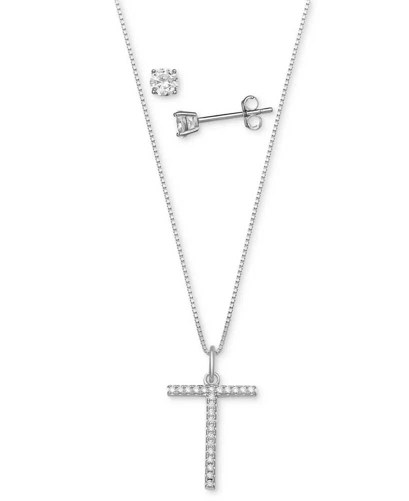 Giani Bernini 2-Pc. Set Cubic Zirconia Initial Pendant Necklace & Solitaire Stud Earrings in Sterling Silver, Created for Macy's