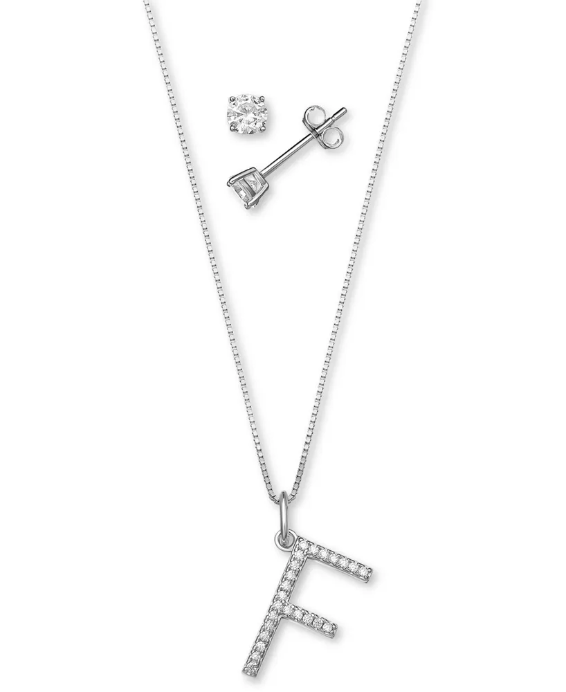 Giani Bernini 2-Pc. Set Cubic Zirconia Initial Pendant Necklace & Solitaire Stud Earrings in Sterling Silver, Created for Macy's