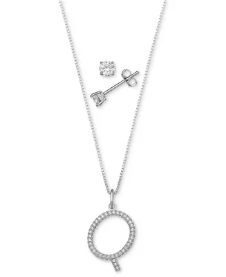 Giani Bernini 2-Pc. Set Cubic Zirconia Initial Pendant Necklace & Solitaire Stud Earrings in Sterling Silver, Created for Macy's