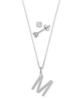 Giani Bernini 2-Pc. Set Cubic Zirconia Initial Pendant Necklace & Solitaire Stud Earrings in Sterling Silver, Created for Macy's