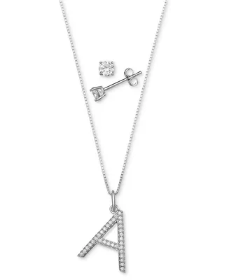 Giani Bernini 2-Pc. Set Cubic Zirconia Initial Pendant Necklace & Solitaire Stud Earrings in Sterling Silver, Created for Macy's