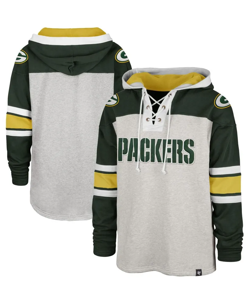 Men's '47 Gray Green Bay Packers Gridiron Lace-Up Pullover Hoodie