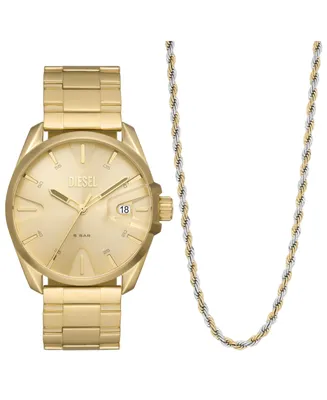 Diesel Men's Ms9 Three-Hand Date Gold-Tone Stainless Steel Bracelet Watch 44mm and Necklace Set - Gold