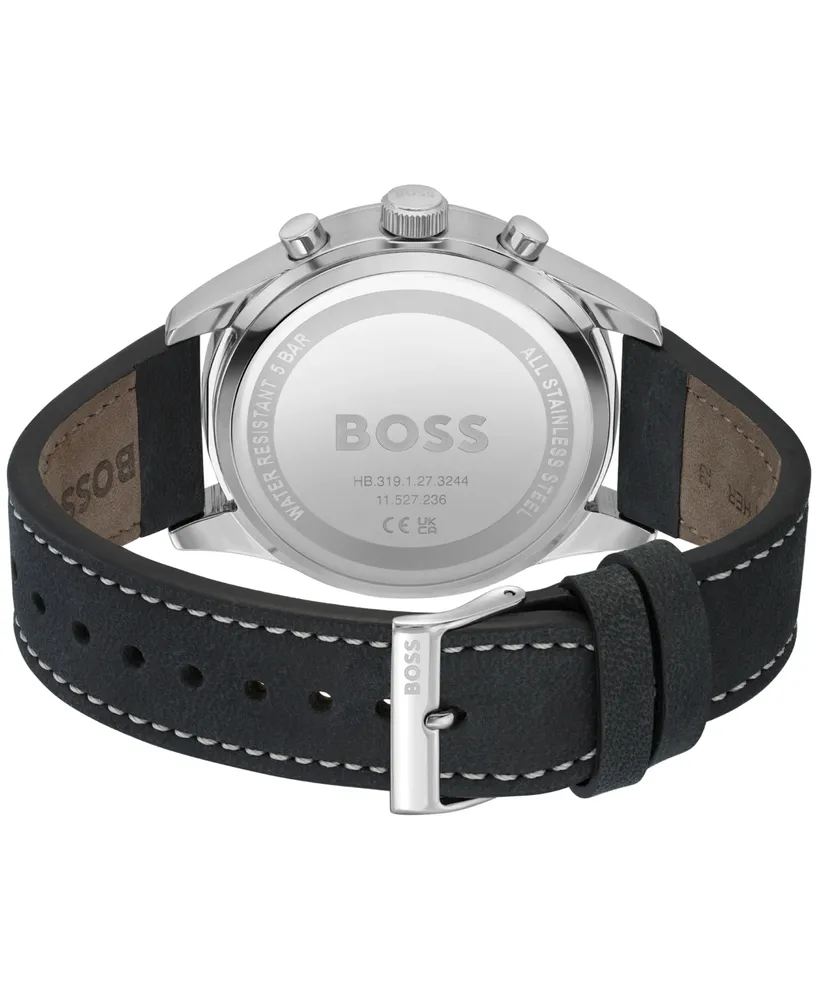 Boss Men's View Black Genuine Leather Strap Watch, 44mm