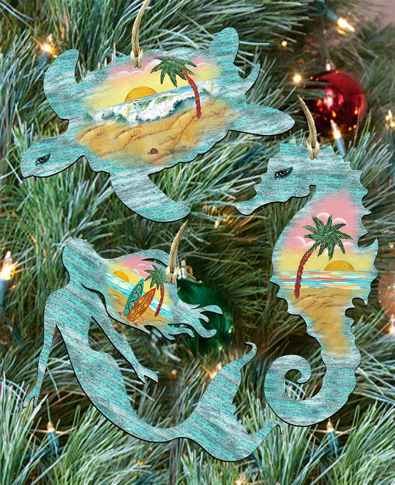 Designocracy Sea Turtle, Mermaid, Seahorse Holiday Ornaments, Set of 3