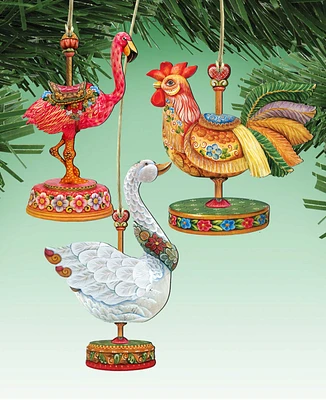 Designocracy Rooster, Goose, Pelican Christmas Carousel Holiday Ornaments, Set of 3