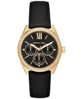 Michael Kors Women's Janelle Multifunction Black Leather Strap Watch 36mm