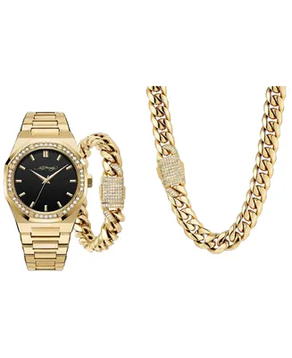 Ed Hardy Men's Shiny Gold-Tone Metal Bracelet Watch 42mm Gift Set - Matte Black, Shiny Gold