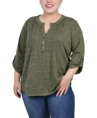 Ny Collection Plus Size 3/4 Roll Tab Sleeve Y Neck Top