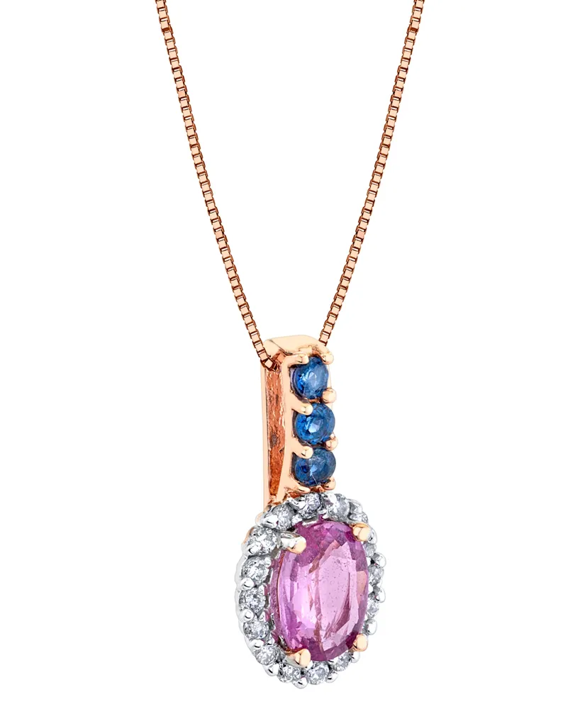 Multi-Sapphire (1-1/5 ct. t.w.) & Diamond (1/6 ct. t.w.) Oval Halo 18" Pendant Necklace in 14k Rose Gold