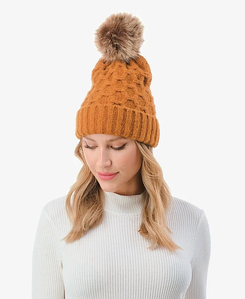 Marcus Adler Women's Cable Knit Pom Beanie with Cuff