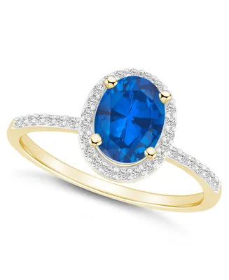 Macy's Lab Grown Sapphire (1-1/2 ct. t.w.) and White (1/5 Halo Ring 10K Yellow Gold