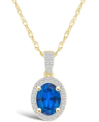 Macy's Lab Grown Sapphire (1-1/2 ct. t.w.) and Lab Grown White Sapphire (1/6 ct. t.w.) Halo Pendant Necklace in 10K Yellow Gold