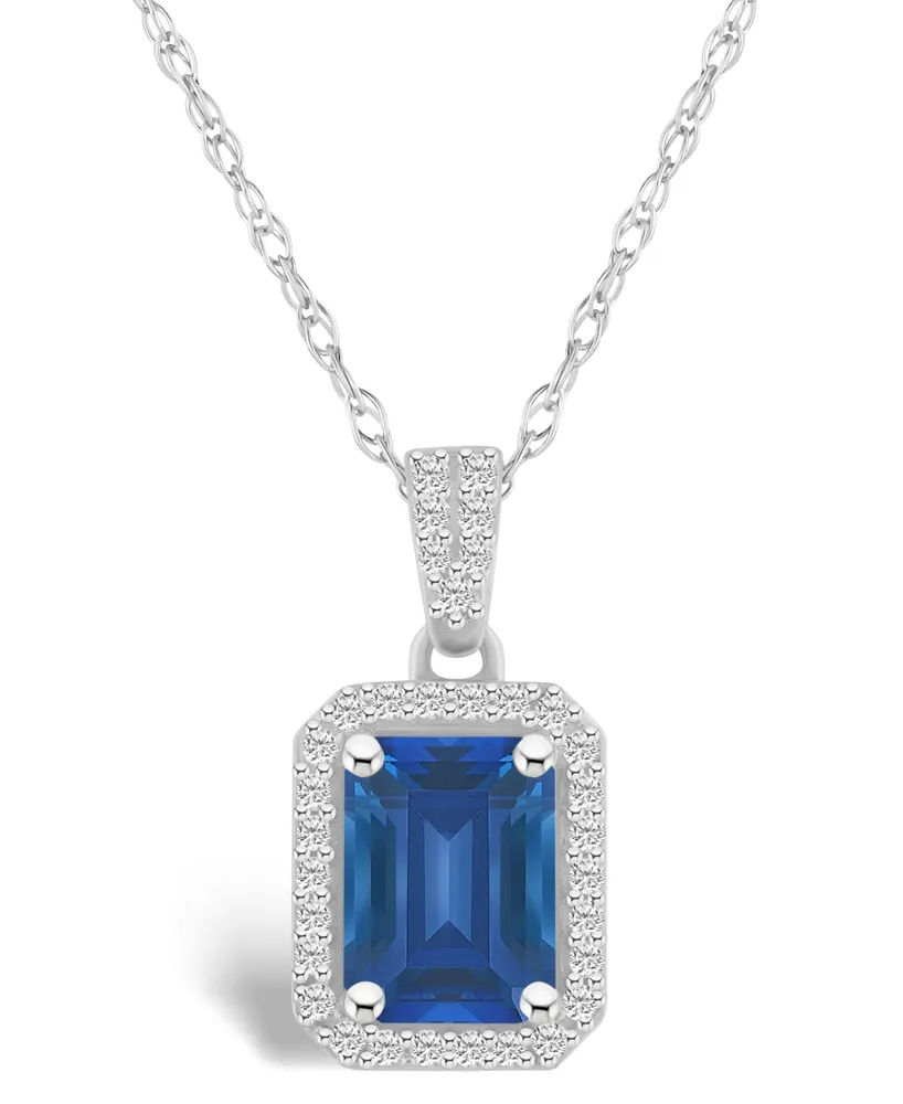 Macy's Lab Grown Sapphire (2 ct. t.w.) and Lab Grown Sapphire (1/5 ct. t.w.) Halo Pendant Necklace in 10K White Gold