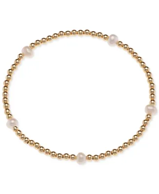 Cultured Freshwater Pearl (4-1/2 - 5mm) & Polished Bead Station Stretch Bracelet 18k Gold-Plated Sterling Silver