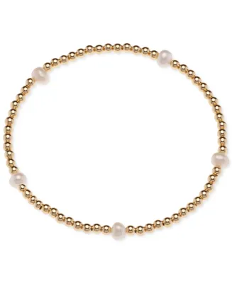 Cultured Freshwater Pearl (4-1/2 - 5mm) & Polished Bead Station Stretch Bracelet in 18k Gold-Plated Sterling Silver