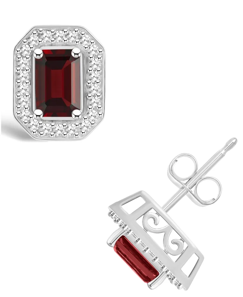 Macy's Garnet (1-2/5 ct. t.w.) and Diamond (1/5 ct. t.w.) Halo Studs in Sterling Silver