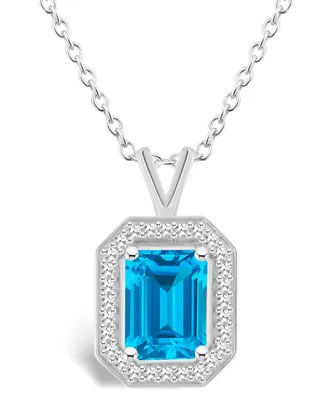 Macy's Blue Topaz (2 ct. t.w.) and Diamond (1/7 ct. t.w.) Halo Pendant Necklace in Sterling Silver
