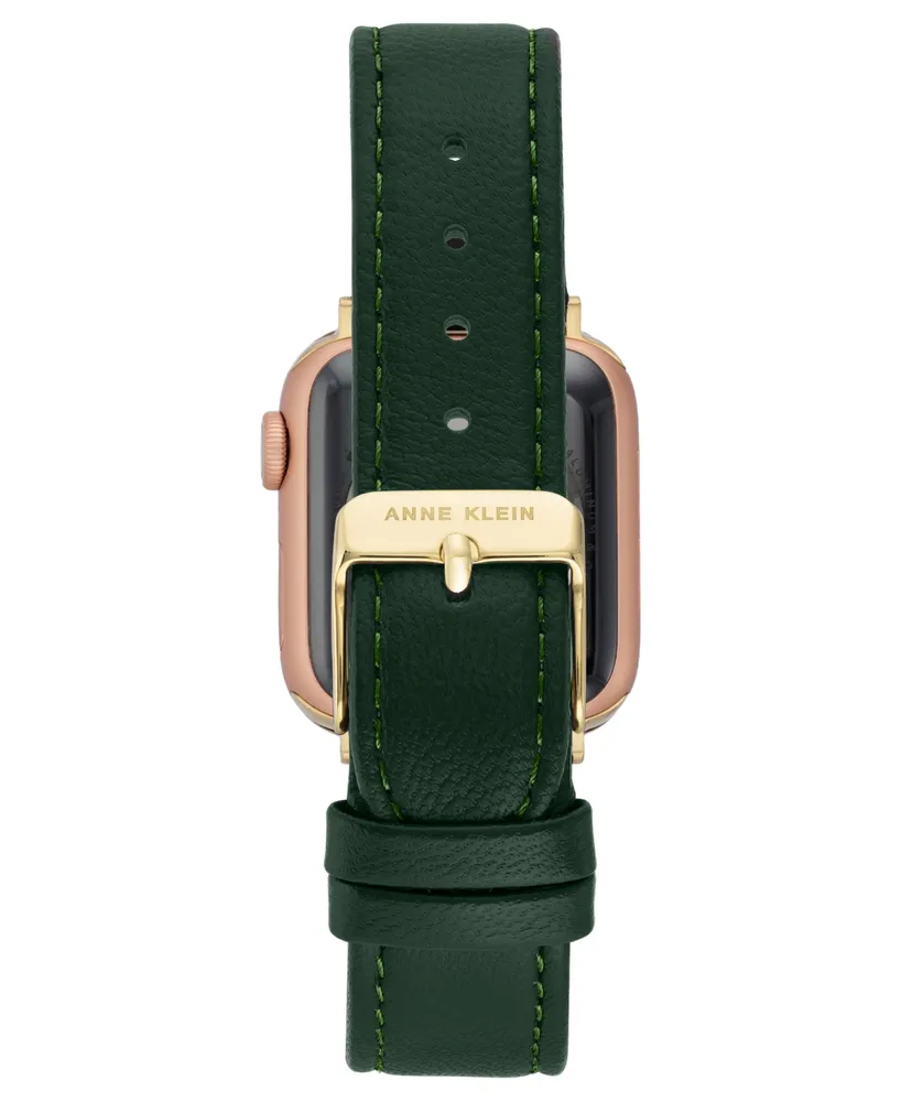 Anne Klein Women's Green Genuine Leather Band Compatible with 42/44/45/Ultra/Ultra 2 Apple Watch - Green, Gold