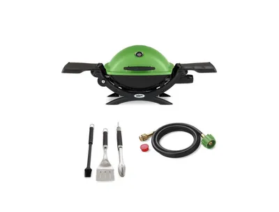Weber Q 1200 Gas Grill (Green) With Adapter Hose And 3-Piece Grill Set