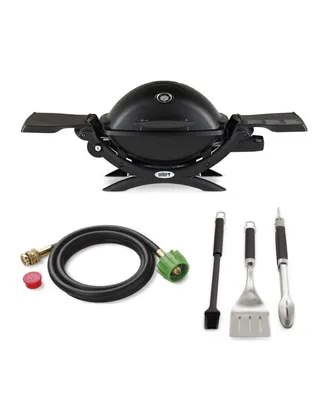 Weber Q 1200 Gas Grill (Black) With Adapter Hose And 3-Piece Grilling Tool Set