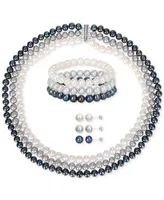 7-Pc. Set White, Black, & Gray Cultured Freshwater Pearl (7-1/2 - 8mm) Necklace, Bracelets, Stud Earrings