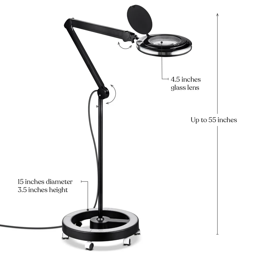 Lightview Pro Led Rolling Base Magnifier Floor Lamp (2.25x) 5 Diopter, Color Temperature Changing
