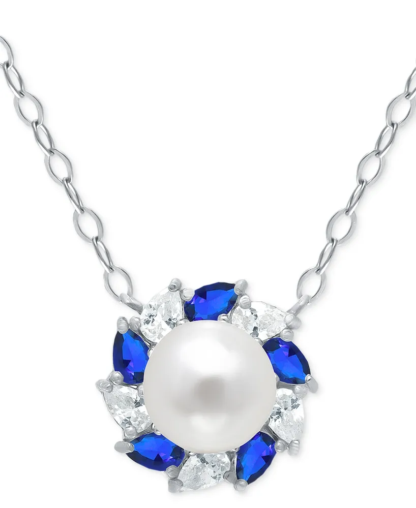 Giani Bernini Freshwater Pearl (6mm), Lab-Grown Blue Sapphire (1/6 ct. t.w.), & Cubic Zirconia Halo Pendant Necklace in Sterling Silver, 16" + 2" exte