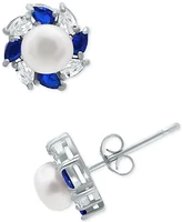 Giani Bernini Freshwater Pearl (5mm), Lab-Grown Blue Sapphire (1/3 ct. t.w.), & Cubic Zirconia Halo Stud Earrings in Sterling Silver, Created for Macy