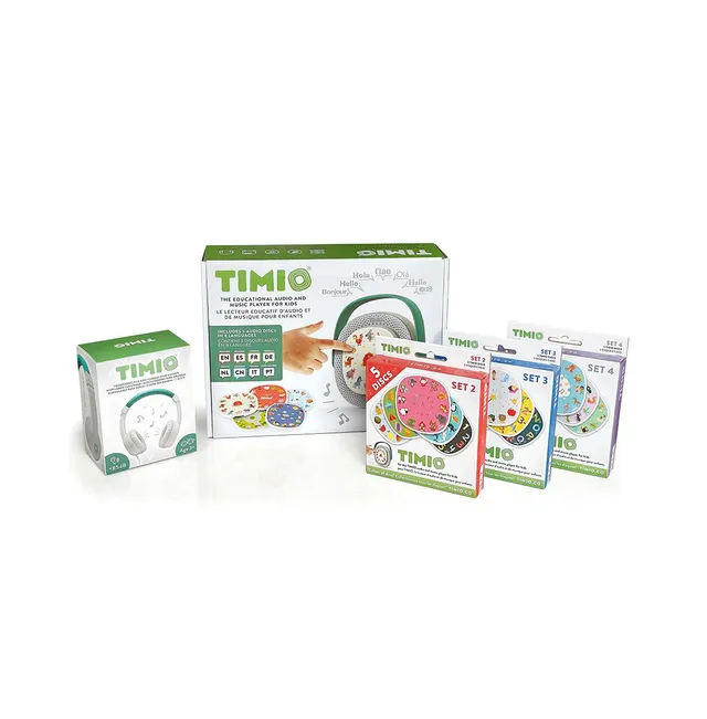 TIMIO Screenless Educational Audio and Music Player + 4 Disc Packs (25  Discs Total) + Headset + Backpack 