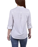 Ny Collection Women's 3/4 Roll Tab Hi Low Y-neck Top