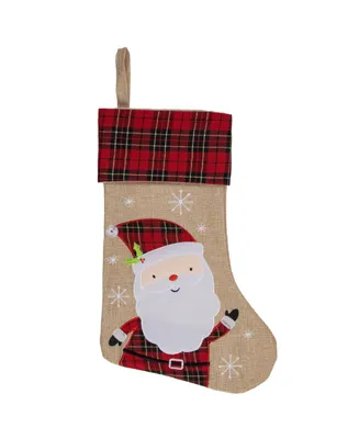 Northlight Burlap Plaid Whimsical Santa Waiving Christmas Stocking, 19"