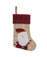 Northlight Burlap Plaid Whimsical Santa Waiving Christmas Stocking, 19"