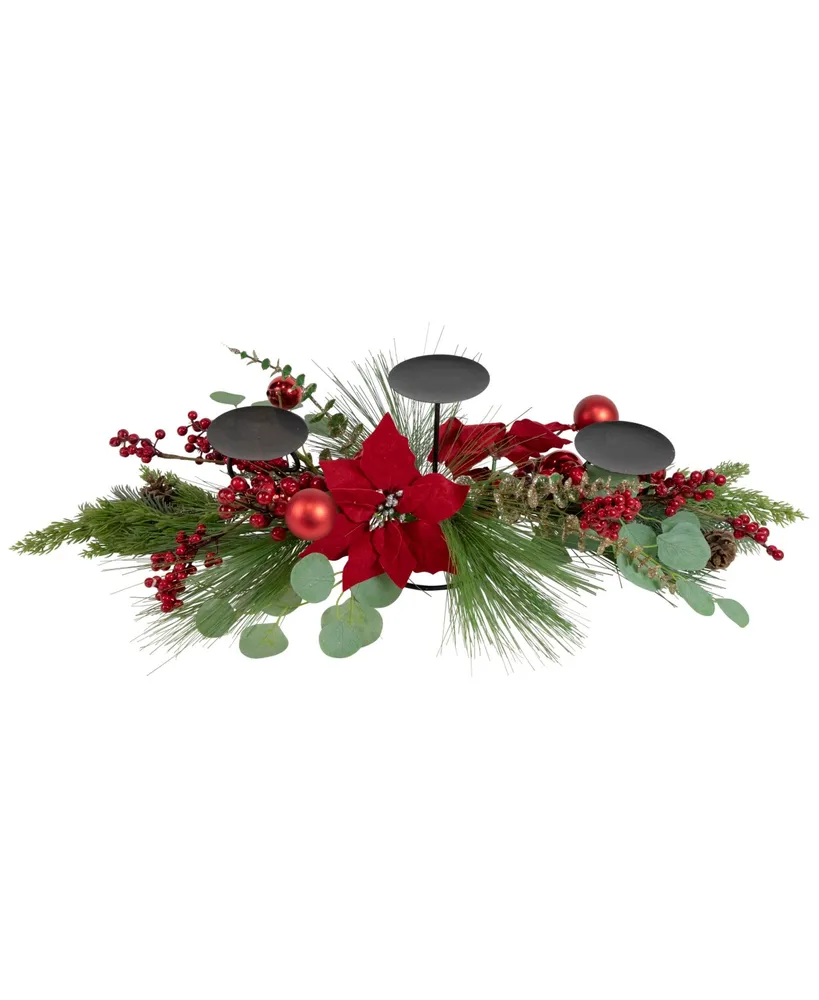 Northlight Triple Candle Holder With Berry and Poinsettia Christmas Decor, 32"