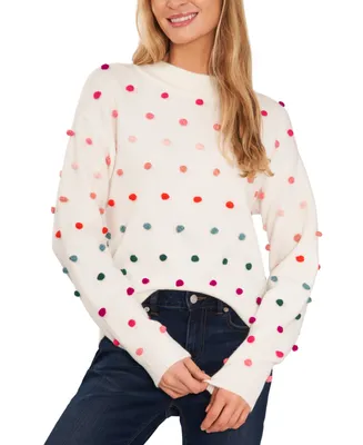 CeCe Women's Mock Neck Rainbow Pom Sweater
