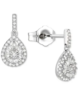 Diamond Baguette & Round Teardrop Cluster Drop Earrings (1/4 ct. t.w.) in Sterling Silver