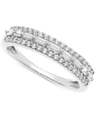 Diamond Baguette & Round Triple Row Band (3/8 ct. t.w.) in 14k White Gold