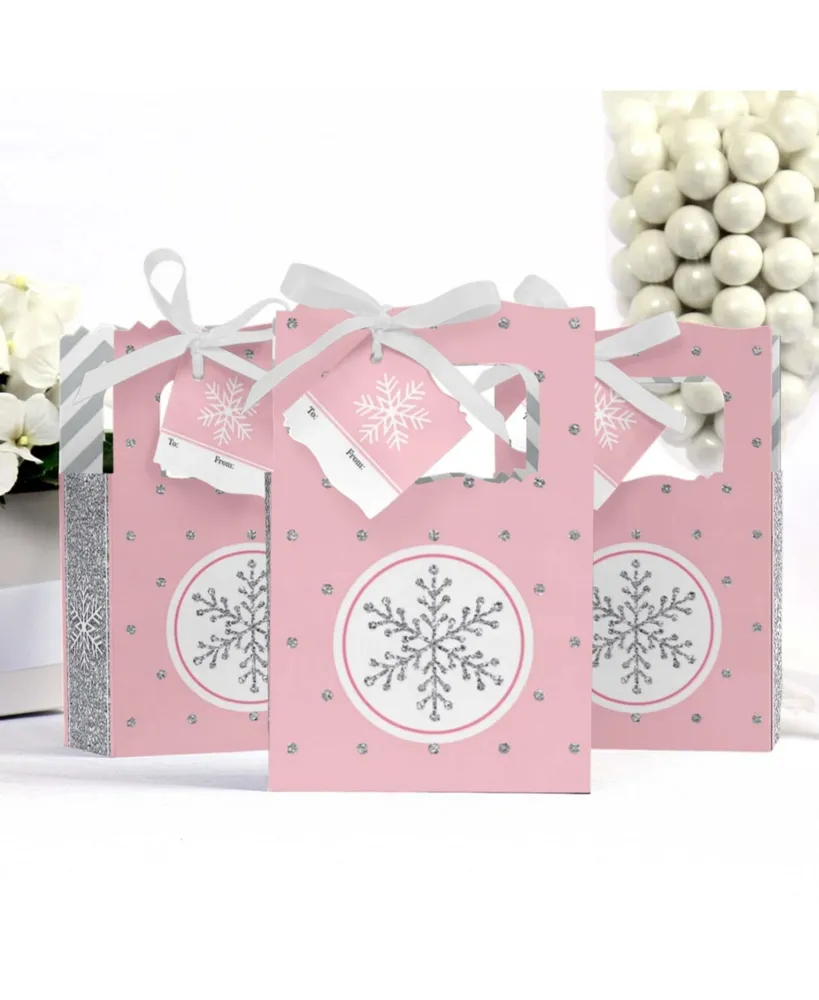 Big Dot of Happiness Pink Winter Wonderland - Holiday Snowflake Birthday Party Favor Boxes Gift Bags - Set of 12