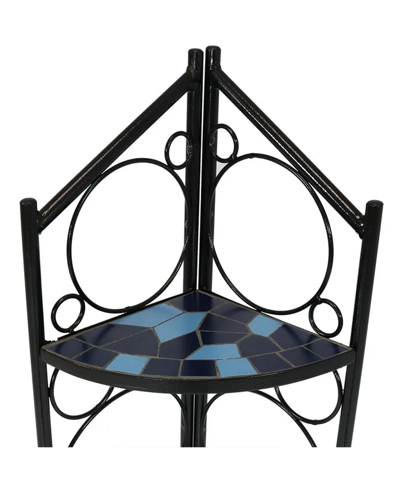 Sunnydaze Decor Black Steel/Blue Mosaic Shelves 3-Tier Corner Plant Stand - 44 in