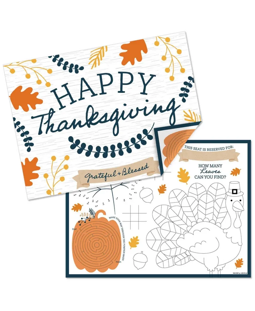 Big Dot of Happiness Happy Thanksgiving - Paper Fall Coloring Sheets - Activity Placemats - Set of 16