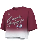 Women's Majestic Threads Nathan MacKinnon Burgundy Colorado Avalanche 2022 Stanley Cup Champions Dip Dye Boxy Crop T-shirt
