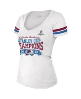 Women's Majestic Threads White Colorado Avalanche 2022 Stanley Cup Champions Striped V-Neck T-shirt