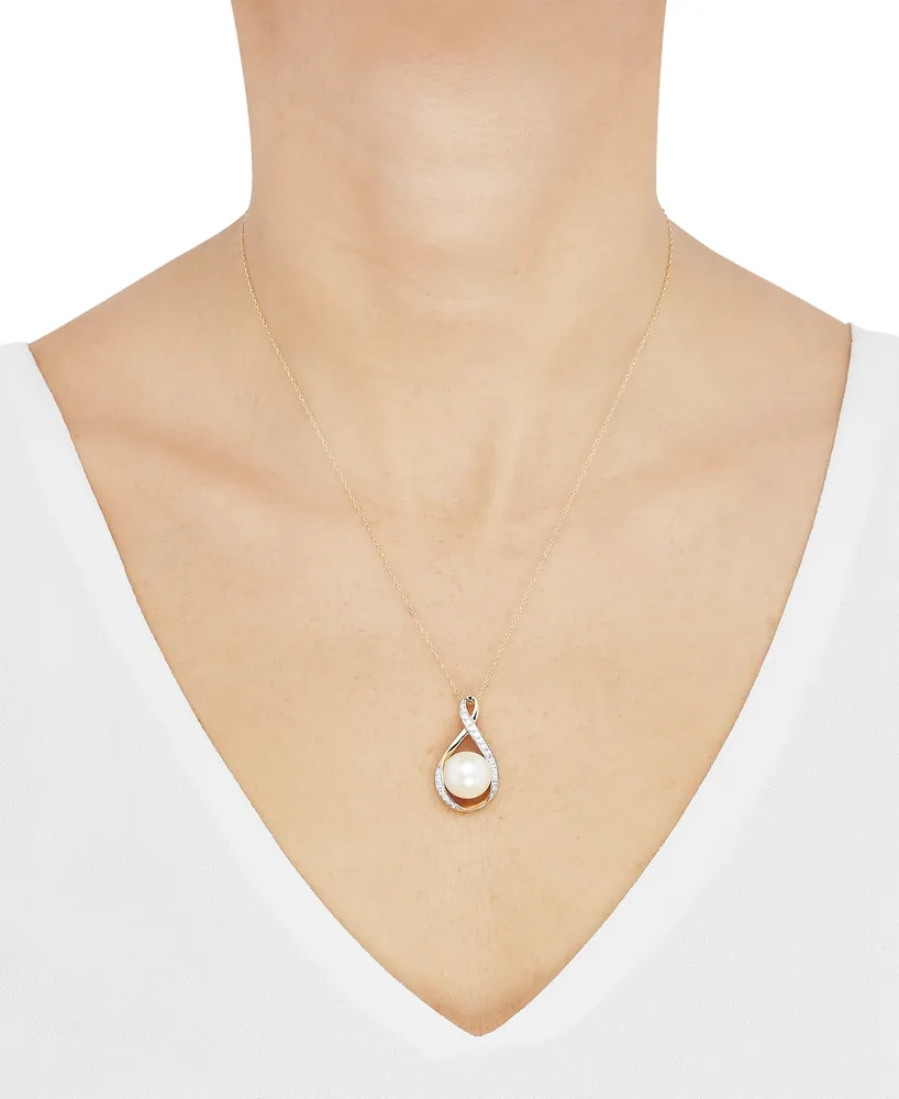 Honora Cultured Ming Pearl (11mm) & Diamond (1/4 ct. t.w.) Swirl Pendant Necklace 14k Gold, 16" + 2" extender