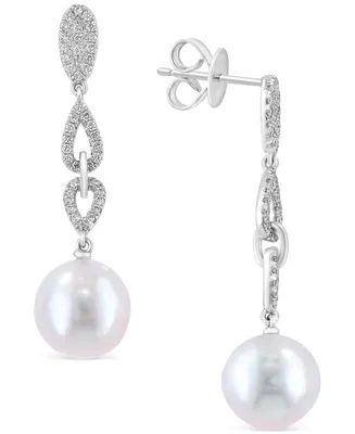 Effy Freshwater Pearl (9-1/2mm) & Diamond (1/3 ct. t.w.) Drop Earrings in 14k White Gold