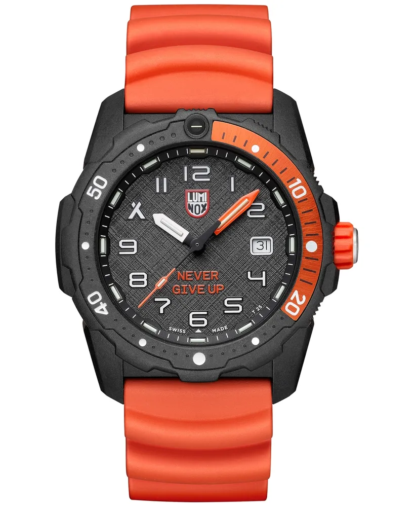 Luminox Men's Swiss Bear Grylls Survival Sea Series Never Give Up Dive Orange Rubber Strap Watch 42mm