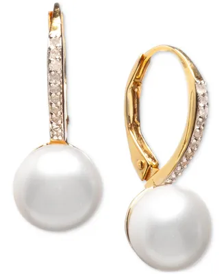 Cultured Freshwater Pearl (10mm) and Diamond (1/10 ct. t.w.) Leverback Earrings Sterling Silver or 18k Gold over